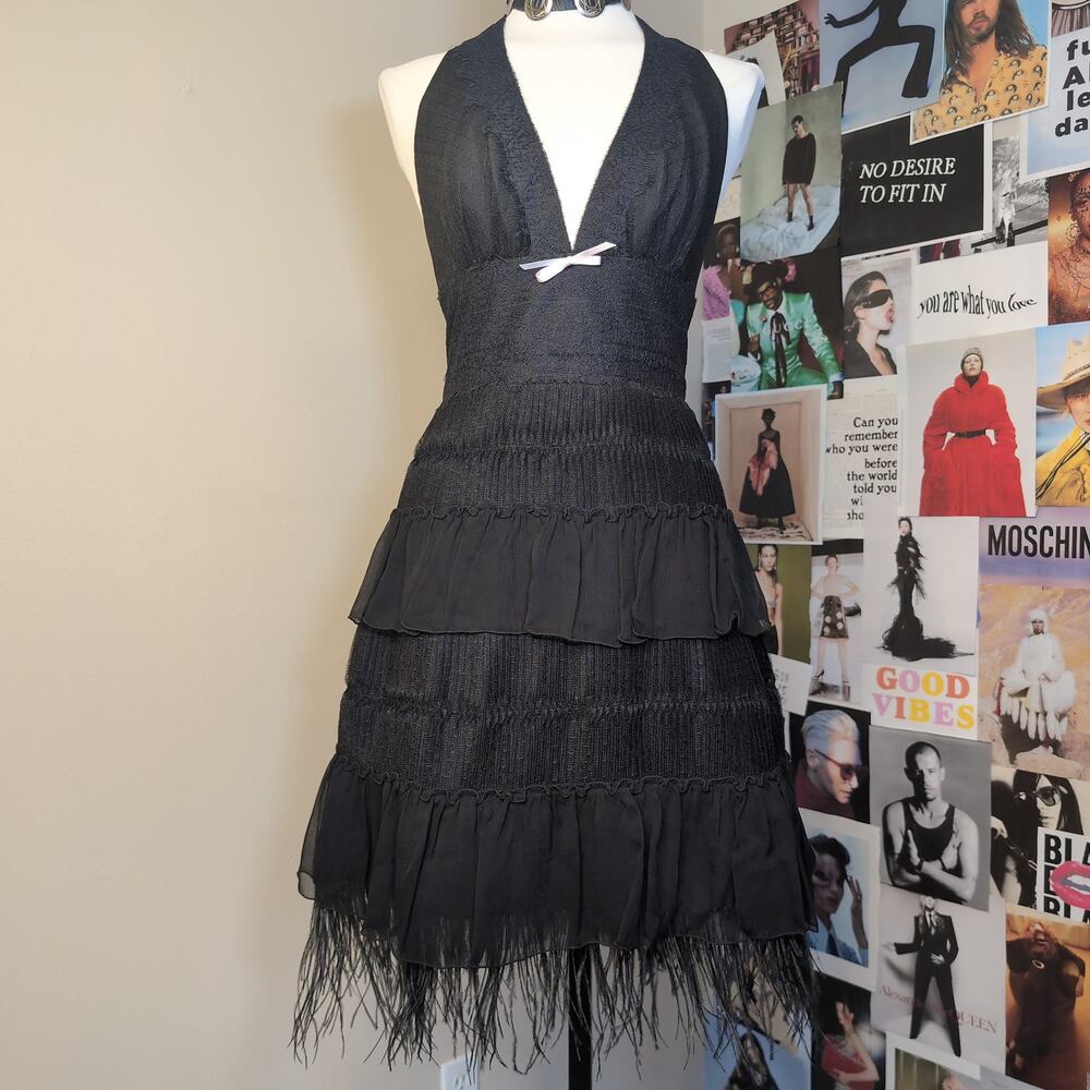 Black Halter Tiered Dress with Feather Trim Gothic